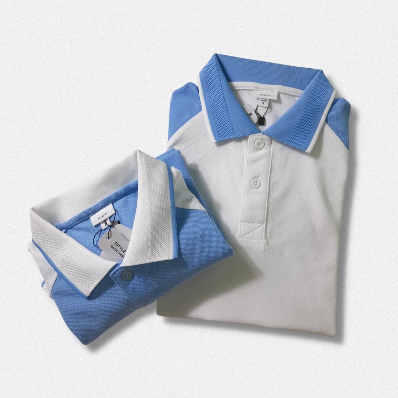 เสื้อยืดผู้ชาย Plo ผสมผสานสีขาวและสีน้ําเงิน ผ้าคอตตอนแขนสั้น