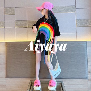 Aiyaya เสื้อผ้าแฟชั่นเด็กผู้หญิง ชุดเดสเด็กผู้หญิงเกาหลี ลวดลายสายรุ้ง（466）