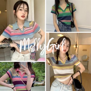 Mollygirl เสื้อคอปกหลากสี น่ารักกรุบ รัดรูป เสื้อยืด เสื้อแฟชั่นผญ  K305#