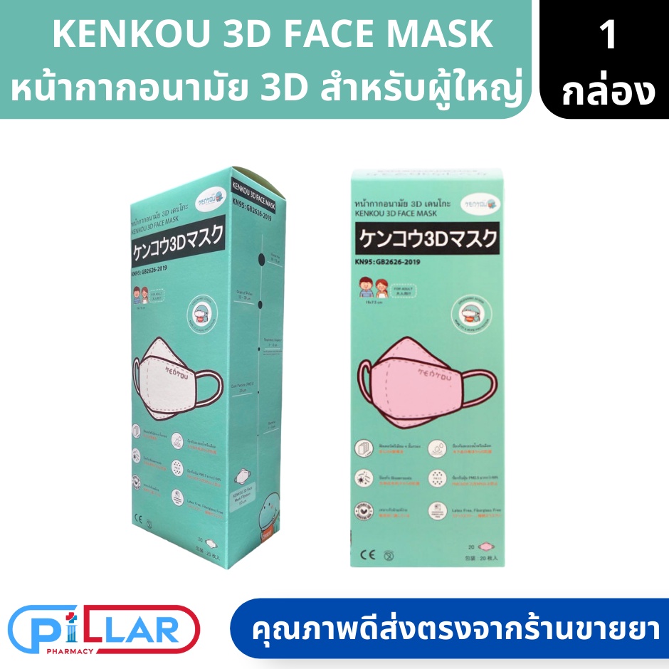 KENKOU 3D FACE MASK หน้ากากอนามัย 3D เคนโกะ สำหรับผู้ใหญ่ สีชมพู / ขาว บรรจุ 20 ชิ้น หน้ากาก หน้ากากสามมิติ หน้ากากชมพู
