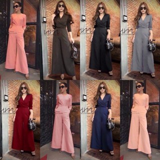 3623 Jumpsuit จั๊มสูทขายาว แขนศอก คอวีไขว้ขายาว