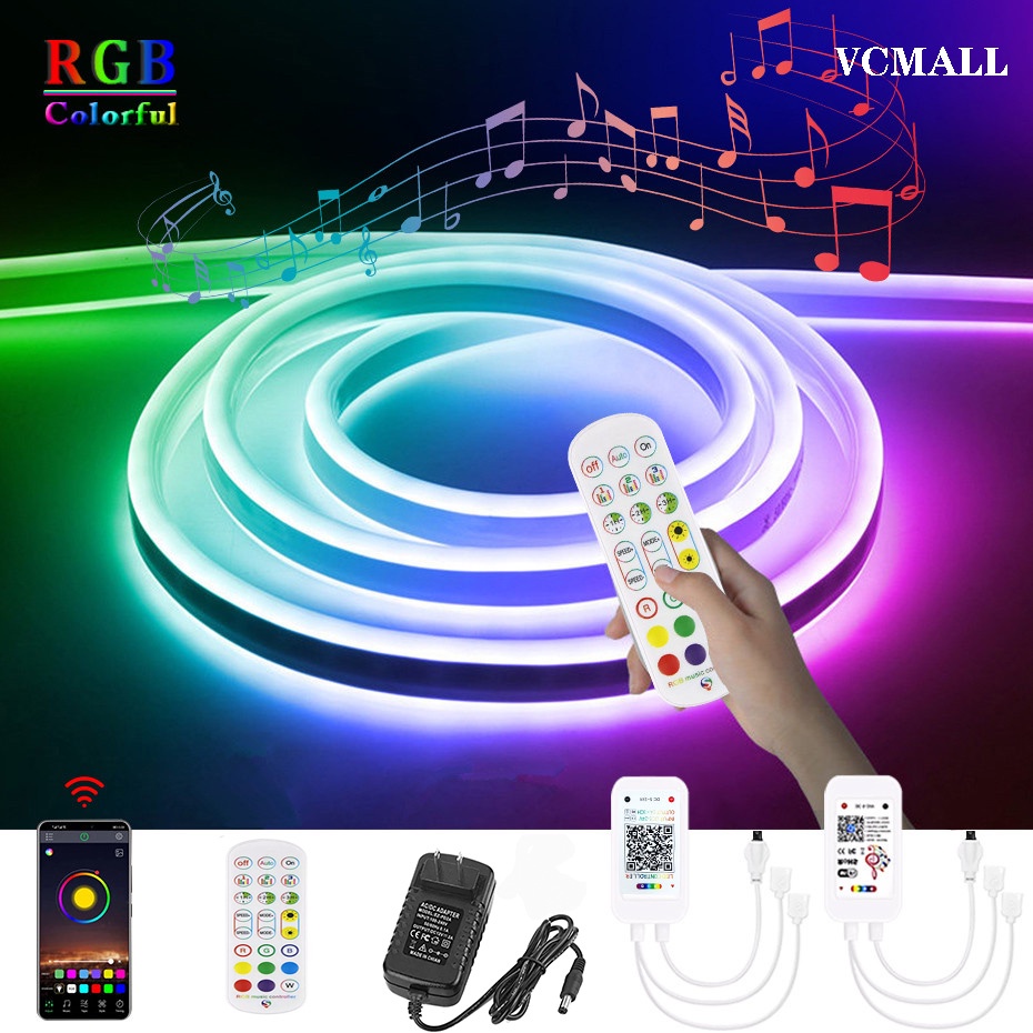 แถบไฟนีออน Led 12V หรี่แสงได้ ยืดหยุ่น 5 เมตร พร้อมตัวถนอมสายตา กันน้ํา ควบคุมผ่านบลูทูธ สําหรับติดเพดาน ตกแต่งบ้าน