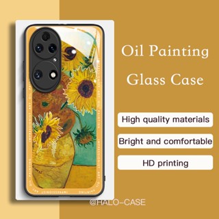 เคส Huawei P50 Pro P40 P30 Pro โทรศัพท์มือถือแบบแก้ว กันกระแทก ลายภาพวาดสีน้ํามัน รูปดอกทานตะวัน สีสดใส สําหรับ HONOR 50 Nova7SE