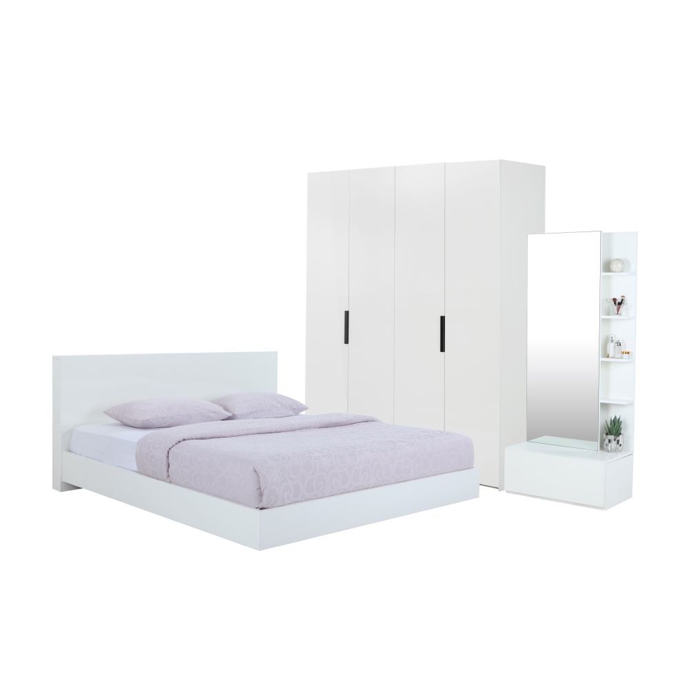 INDEX LIVING MALL ชุดห้องนอน รุ่นแมสซิโม่+แมกซี่ ขนาด 5 ฟุต (เตียงนอน(พื้นเตียงซี่)+ตู้เสื้อผ้า 4 บาน+โต๊ะเครื่องแป้ง) - สีขาว