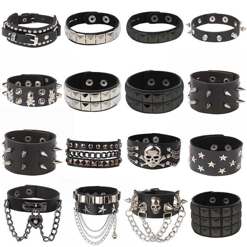ใหม่สร้อยหนัง PU Punk สร้อยข้อมือปรับ Goth Cuff สร้อยข้อมือ Gothic Spiked Rivet Buckle สายรัดข้อมือสําหรับผู้ชายผู้หญิง