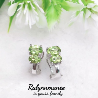 BA017 ต่างหูพลอยเพอริดอทแท้ ( Peridot ) ตัวเรือนเงินแท้ 925 ชุบทองคำขาว