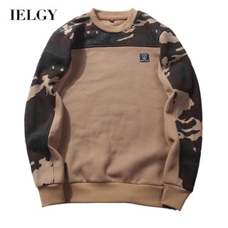 Ielgy เสื้อกันหนาวลําลอง ผ้าฟลีซ คอกลม ลายพราง สําหรับผู้ชาย