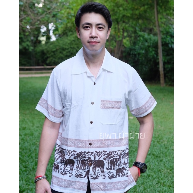 เสื้อผ้าฝ้ายเนื้อนิ่ม คอปก พิมพ์ลายช้าง #2