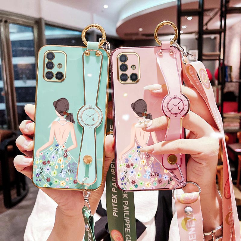 SAMSUNG เคสโทรศัพท์หรูหราสําหรับSamsung Galaxy A31 A51 A71 5Gกระโปรงสาวสวยรูปแบบสายคล้องข้อมือยาว