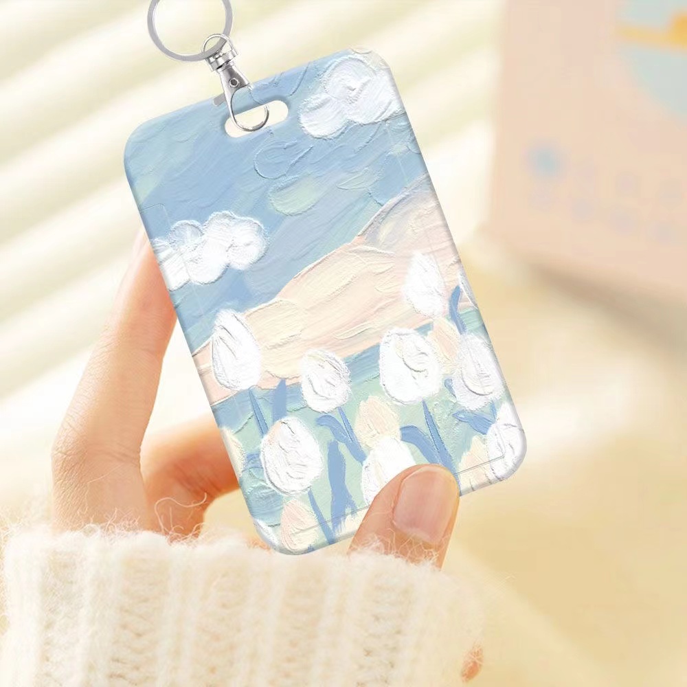 กระเป๋าใส่นามบัตร บัตรรถบัส ลายภาพวาดสีน้ํามัน รูปดอกไม้ สีฟ้า สําหรับนักเรียน โรงอาหาร บัตรประจําตัวประชาชน