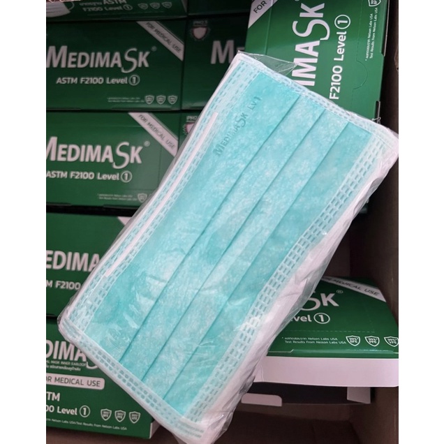 หน้ากากอนามัยMedimaskสรเขียว นุ่มกระชับมาตรฐาน กล่องละ50ชิ้น การันตีทางการแพทย์ ผลิตในไทย