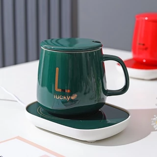 แก้วน้ำอุ่นร้อนเซรามิค Lucky พร้อมฐานทำความร้อน เครื่องอุ่นรักษาอุณหมูิ 55 องศา