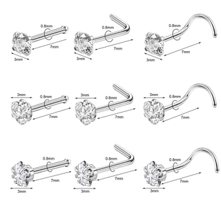 1 ชิ้นคริสตัลสีสันสดใสสแตนเลสจมูกเจาะรอบหัวใจ Star CZ Studs Nostril เครื่องประดับ