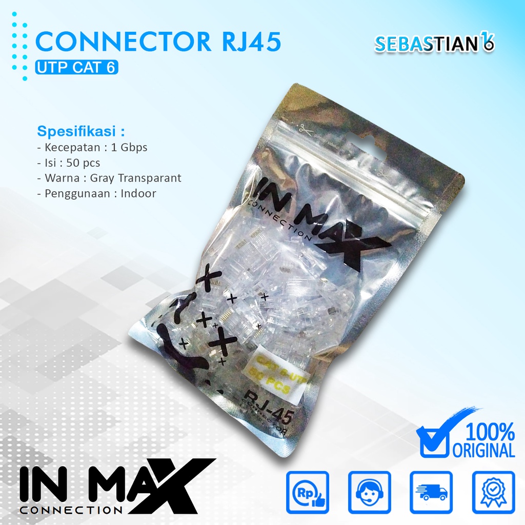 [คุณภาพสูง] Rj45 UTP Cat 6 INMAX RJ45 Connector RJ45 Connector สาย Wifi อินเทอร์เน็ต COTENTS 50 ชิ้น