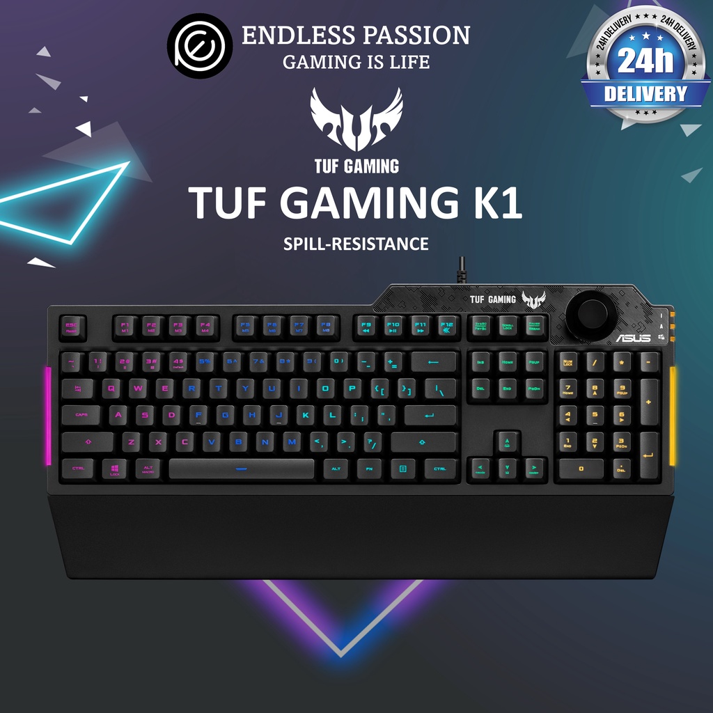 ASUS TUF Gaming K1 RGB keyboard with dedicated volume knob, spill