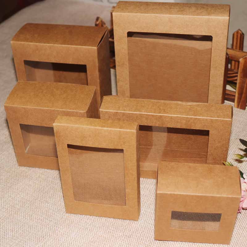 10 Pcs DIY Vintage color Kraft paper gift box package with clear pvc