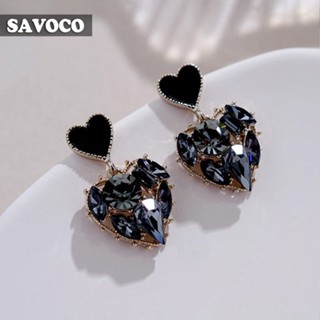 Savoco เครื่องประดับ ต่างหูระย้า ชุบทอง ประดับเพชรเทียม สีดํา เรียบง่าย สําหรับผู้หญิง SE013