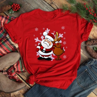 น่ารักซานตาคลอสกวาง Graphic Tee เสื้Merry Christmas เสื้อใหม่ผู้หญิงเสื้อยืดคริสต์มาสเสื้อยืดลำลองหญิงสีแดงเสื้อยืดเสื l