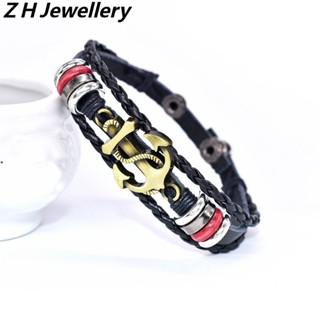 [Z H Jewelry] สร้อยข้อมือหนัง หลายชั้น สไตล์ฮิปฮอป ร็อค เรโทร 18 ซม.~21.5 ซม. สําหรับผู้ชาย