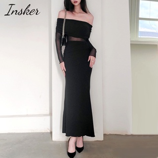 Insker- ชุดเดรสราตรี แขนยาว เปิดไหล่ ผ้าตาข่ายโปร่ง สีดํา แฟชั่นฤดูใบไม้ผลิ ฤดูใบไม้ร่วง สําหรับผู้หญิง