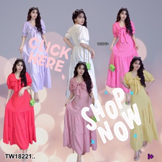 TwinsShopVip💗พร้อมส่ง TW18221 เดรสยาวแขนพอง ผูกโบว์อก ..