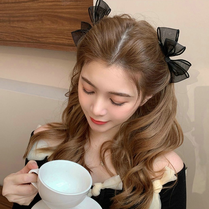 กิ๊บติดผม ผ้าตาข่าย สองชั้น ประดับโบว์ สีดํา หรูหรา เข้ากับทุกการแต่งกาย สไตล์เกาหลี สําหรับผู้หญิง