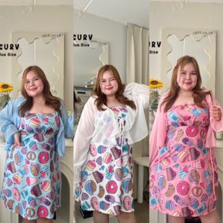 M0018 เซต 2 ชิ้น เดรส+เสื้อคลุมชีฟอง  เดรสน้องโดนัทสุดน่าร๊ากกกก plussize สาวอวบ