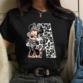 Fashion Women T Shirt Disney Minnie Print Casual Tops Custom Name Letter Combination Font A B C D E O Female Black Tee S