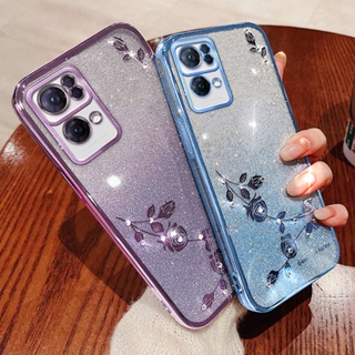 เคสโทรศัพท์มือถือ ซิลิโคนนิ่ม TPU ใส ปิดด้านหลัง ลายดอกกุหลาบ ประดับพลอยเทียม กลิตเตอร์ ระยิบระยับ แฟชั่น สําหรับ Oppo Reno 7 Pro 5G Reno7 5G