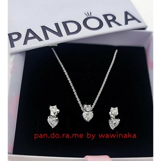 [พร้อมส่ง สินค้าแท้ 💯 ] Pandora Sparkling Double Heart Stud Earrings Necklace Jewelry Gift Set แถมอุปกรณ์ครบเซต