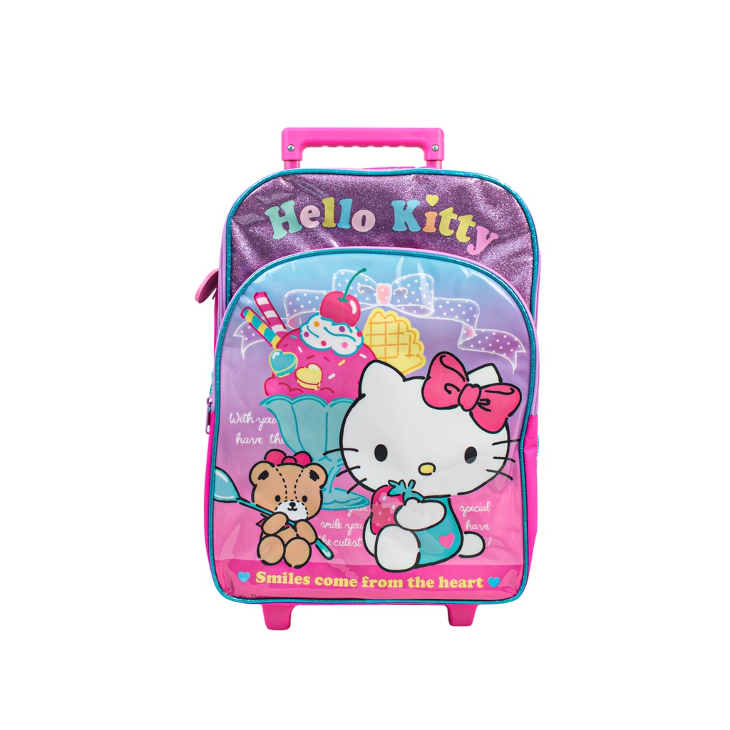 Sanrio Hello Kitty กระเป๋านักเรียน ล้อลาก พร้อมกระเป๋าซิปด้านหน้า - สีชมพูเทอร์ควอยซ์ สําหรับเด็กนักเรียนและเด็ก