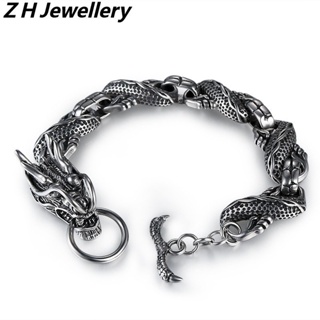 [Z H Jewelry] สร้อยข้อมือ สเตนเลส สไตล์ฮิปฮอป ร็อค เรโทร เครื่องประดับแฟชั่นผู้ชาย มังกร ปาร์ตี้