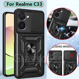 เคสโทรศัพท์มือถือแบบแข็ง กันกระแทก พร้อมแหวนขาตั้งโลหะ สําหรับ Realme C33 RealmeC33 C 33