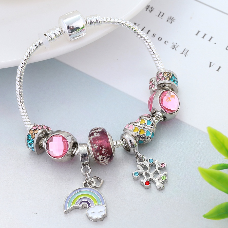 Dinglly สร้อยข้อมือลูกปัด รูปหัวใจ ดอกไม้สีชมพู ผีเสื้อ สําหรับผู้หญิง DIY สีเงิน สร้อยข้อมือลูกปัด