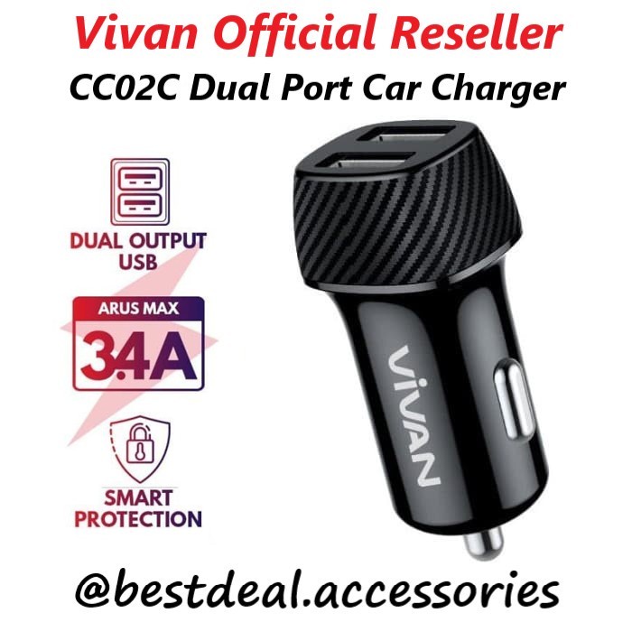 Vivan Car Charger CC02C 3 4A Dual USB Smart IC Quick Charging CC02C car charger plug K2W7 คุณภาพพรีเ