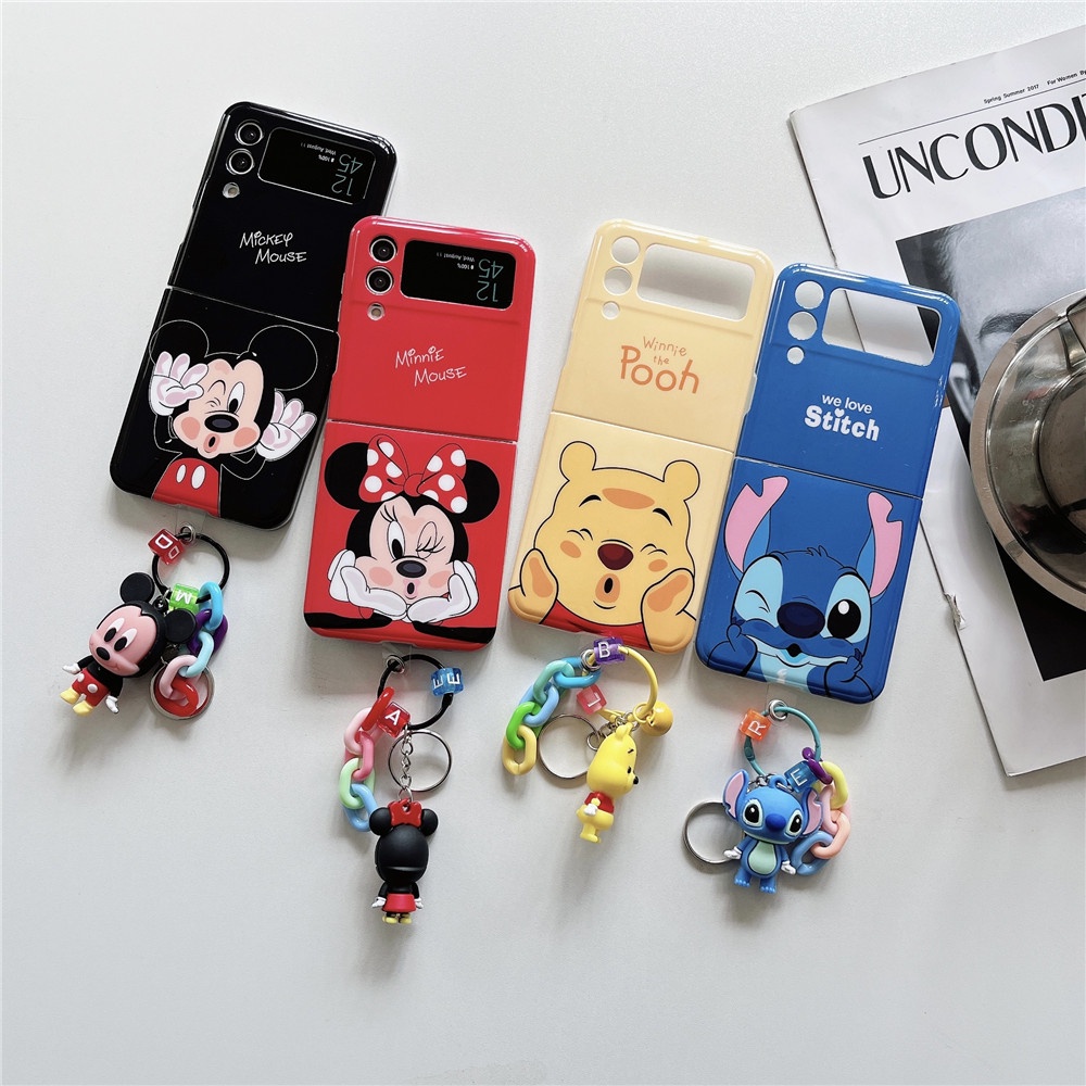 สําหรับ Samsung Galaxy Z Flip 3 Flip 4 5G กรณีน่ารักการ์ตูน Stitch Mickey รูปแบบ 3D ตุ๊กตาจี้พับ Anti-drop ซิลิโคนนุ่มโทรศัพท์ปกหลัง