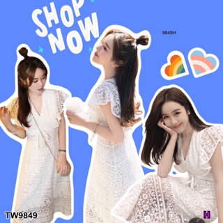 TwinsShopVip💗พร้อมส่ง TW9849 แม็กซี่เดรสลูกไม้แขนกุดแต่งระบายคลุมไหล่