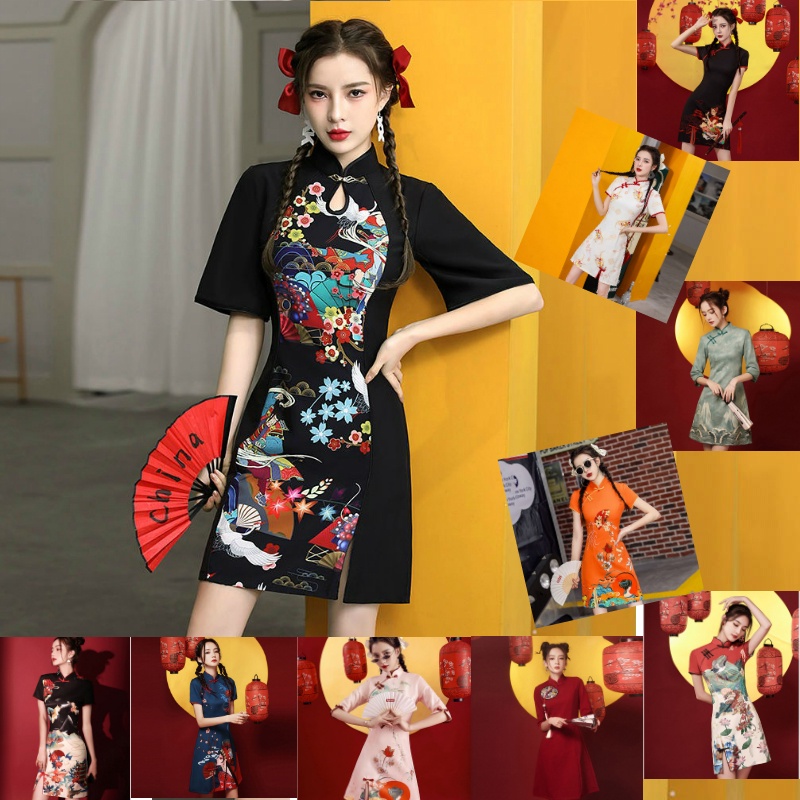 ชุดเดรสกี่เพ้า แขนสั้น สีดํา สไตล์จีน สําหรับผู้หญิง 2023
