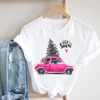 T-Trend Let It Snow Xmas Tree Car Print Merry Christmas T Shirt Lovely Women New Year Happy Holiday Tshirt Graphic T-sh