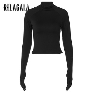 Relagala เสื้อยืด แขนยาว ทรงสลิมฟิต สีพื้น แฟชั่นสตรี