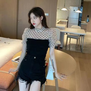 DODO*พร้อมส่ง*เสื้อผ้ามุ้งลายจุดต่อกับเกาะอกสม็อค ลุคนี้แปลกแต่น่ารัก(006C)