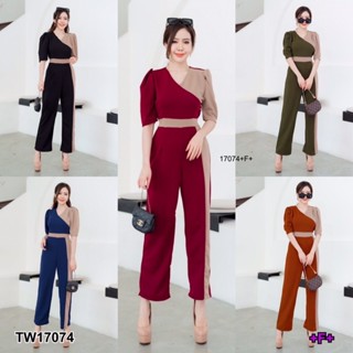 💖✨ชุดเที่ยว ไปงาน Jumpsuit จั้มสูทแขนสั้น ทูโทน เนื้อผ้าวูเวฟ เอวมีสายผูกเก็บทรงชุด มีซิปซ่อนด้านหลัง