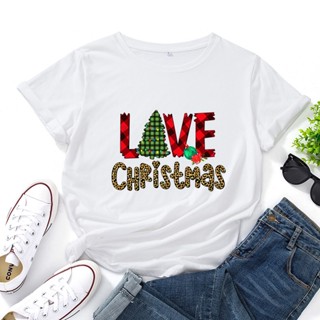 T-Women Casual Summer T-shirts 100% Cotton Regular Female Short Sleeve Tshirt Christmas Tree Leopard Letter Print O-Nec