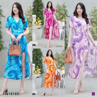 J18189 Jumpsuit จั๊มสูทลายมัดย้อม ผ่าแหวกหน้า ขาสั้นด้านใน Jumpsuit with tie-dye pattern, front slit, inner shorts