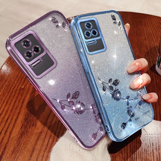 เคสโทรศัพท์มือถือ ซิลิโคนนิ่ม TPU ใส ปิดด้านหลัง ลายดอกกุหลาบ ประดับพลอยเทียม กลิตเตอร์ ระยิบระยับ แฟชั่น สําหรับ Redmi K50 Pro RedmiK50 5G