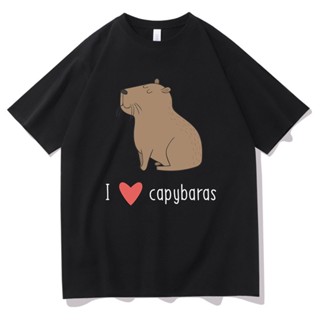 คาปิบาร่า เสือยืดผู้ชาย ฉันรัก Capybaras แขนสั้นผู้ชายผู้หญิงแฟชั่นลําลองฮาราจูกุตลกเสื้อยืดท็อปส์ซูผ้าฝ้ายขนาดใหญ่