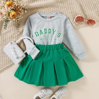 【พร้อมส่ง】ใหม่ เสื้อกันหนาวแขนยาว ผ้าฝ้าย พิมพ์ลายตัวอักษร และกระโปรงพลีท แฟชั่นฤดูใบไม้ร่วง และฤดูหนาว สําหรับเด็กผู้หญิง