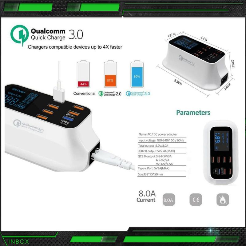 Quick Charge 3.0 A19Q สมาร์ท USB+Type-C 8Port จอแสดงผล Led Fast Charging ปลั๊กชาร์จหลายช่อง