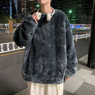 เสื้อกันหนาว คอกลม มีฮู้ด ทรงหลวม โอเวอร์ไซซ์ สีเทา สไตล์เกาหลี สตรีท ให้ความอบอุ่น สําหรับผู้ชาย