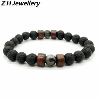 [Z H Jewelry] สร้อยข้อมือ ลูกปัดหินภูเขาไฟ หินธรรมชาติ 8 มม. สไตล์ฮิปฮอป ร็อค เรโทร เครื่องประดับแฟชั่น สําหรับผู้ชาย ปาร์ตี้